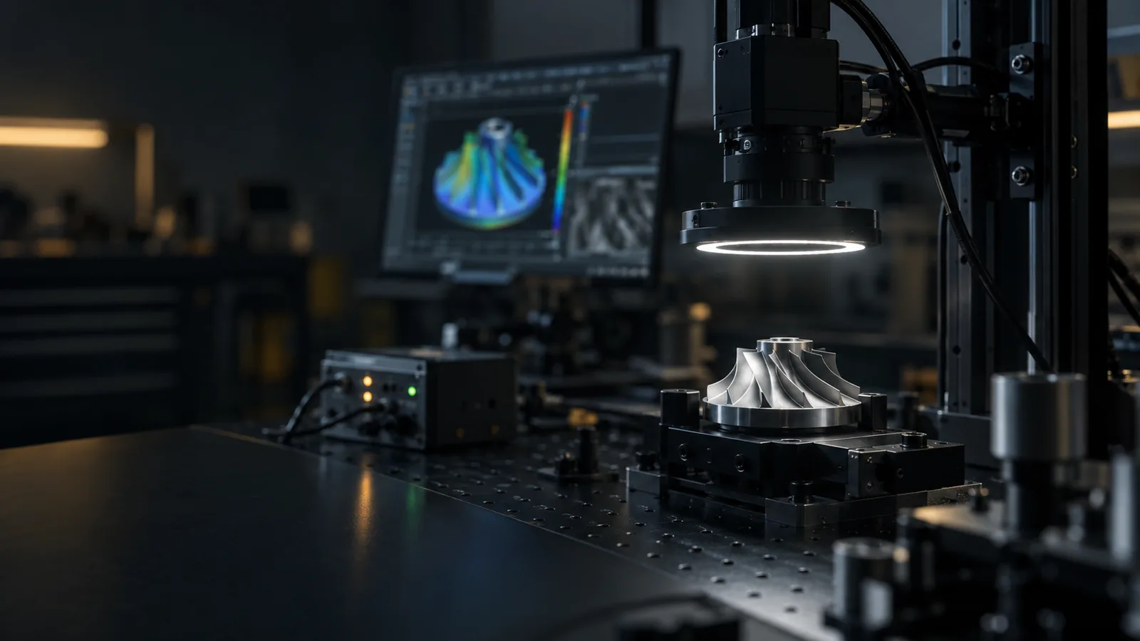 Conceptual engineering lab with an optical inspection camera, metal prototype and local compute